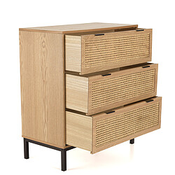 Commode 3 tiroirs cannage naturel pieds métal noir  MARCEAU pas cher