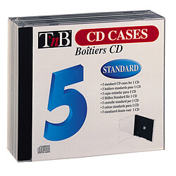 T'Nb Pack de 5 boîtiers simples format standard transparents avec plateau noir pour 1 CD