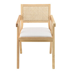 Avis MACABANE Fauteuil bois d’Hévéa assise tissu blanc dossier rotin naturel AGATHE