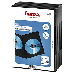 HAMA - Grâce à leur faible épaisseur (environ 7mm), deux boîtiers ''Slim'' doubles pour DVD équivalent à un boîtier standard pour DVD<br />- Gain de place de 75%<br />- Film transparent protégeant la couverture<br />- Idéal pour remplacer le boîtier d'origine 