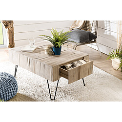 MACABANE Table Basse CLEMENCE Bois Nature 2 Tiroirs Branches Teck - Pieds Épingles Scandi Métal 