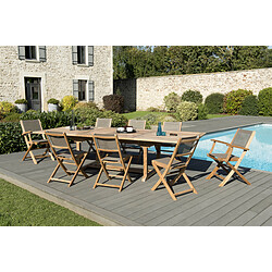 MACABANE Ensemble Table rectangulaire extensible en Teck + 6 Chaises et 2 Fauteuils pliants Taupe en Textilène 