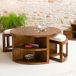 MACABANE Table Basse Ronde EDEN 2 Tabourets Avec Coussins Bois Mindi