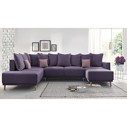 Bobochic MOLA - Canape d'angle panoramique xxl droit - Convertible violet et Coussins déco rose poudré