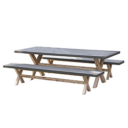 MACABANE Ensemble Table de Jardin Table rectangulaire en fibre de Ciment et Acacia + 2 bancs 