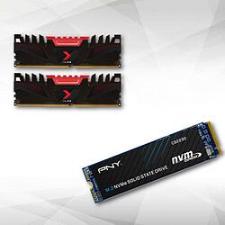 PNY XLR8 - 2 x 8 Go - DDR4 3200 MHz - Noir/Rouge + Disque SSD CS2230 1To 16 Go de mémoire PC - 2 barrettes de RAM DDR4 PC4-25600 - CAS 16 + SSD interne - CS2230 - 3,300 Mo/s