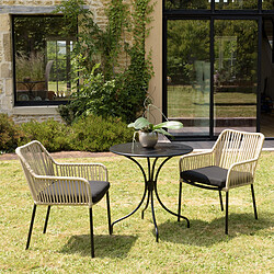 MACABANE Salon de jardin 2 personnes Table ronde 70x70cm et 2 fauteuils beiges et noirs en cordage