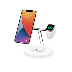 Belkin Station de charge sans fil 3-en-1 BOOST?CHARGE PRO avec MagSafe - Blanc Charge simultanée de trois appareils : iPhone 12, Apple Watch et AirPods - Puissance jusqu'à 15 W pour l'iPhone 12 - Technologie MagSafe