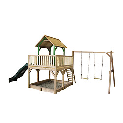 Axi Maison Atka avec Double Balançoire Marron/vert - Toboggan Vert maison Atka + Double Swing