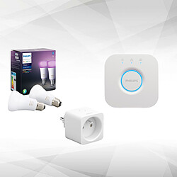 Philips Hue Pack de 2 ampoules connectées 10W E27 White & Color Ambiance + Prise connectée + pont de connexion Hue Pack 2x ampoules connectées E27 - 10W - White & Color Ambiance - Philips Hue Bridge permettant de connecter votre univers Hue - Consommation électrique 250 mA - bande de fréquence 2400 -  Compatible Amazon Alexa et Google Assistant - Smart Plug