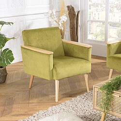 Acheter MACABANE Fauteuil velours vert clair pieds et accoudoirs bois