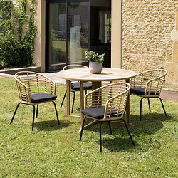MACABANE Salon de jardin 4 personnes 1 Table ronde 120x120cm et 4 fauteuils beiges et noirs