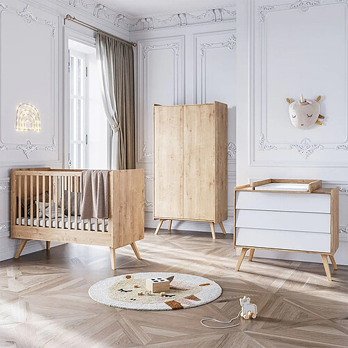 Vox Meubles Chambre Trio Vintage 70 x 140 cm - Chêne et Blanc
