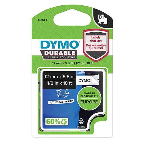 DYMO Ruban D1 Standard noir sur blanc 12 mm x 5.5 m