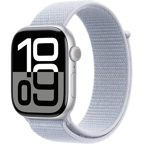 Apple Watch Series 10 GPS + Cellular 46 mm Aluminium Argent Bracelet Sport Textile Nuée Bleue