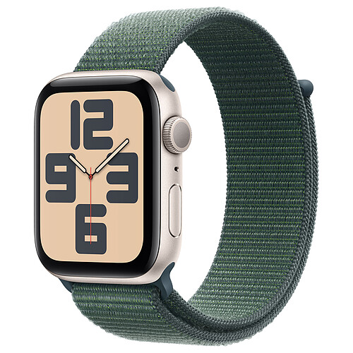 Apple Watch SE GPS (2024) 44 mm Aluminium Lumière Stellaire Bracelet Sport Textile Vert Lacustre