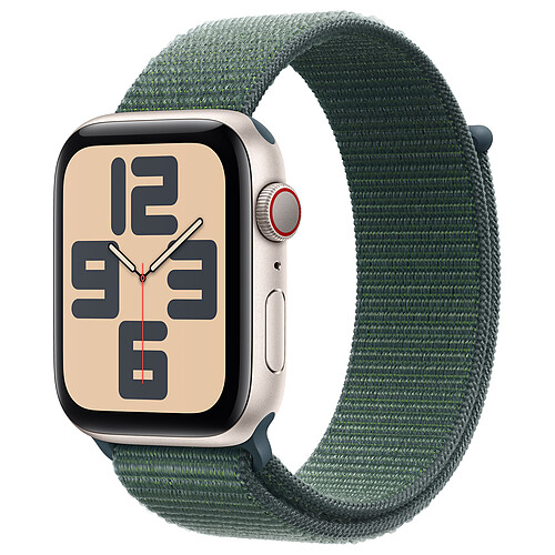 Apple Watch SE GPS + Cellular (2024) 44 mm Aluminium Lumière Stellaire Bracelet Sport Texitle Vert Lacustre