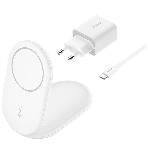 Belkin BoostCharge Socle de Recharge Aimanté et Pliable Qi2 15W (Blanc) + Chargeur secteur