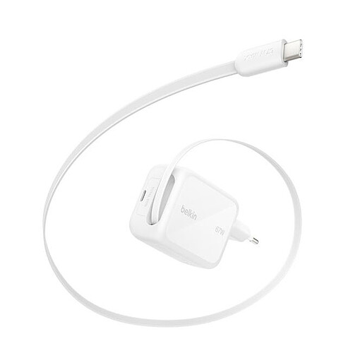 Belkin UltraCharge Chargeur Secteur GaN Câble Retractable 67W (Blanc)