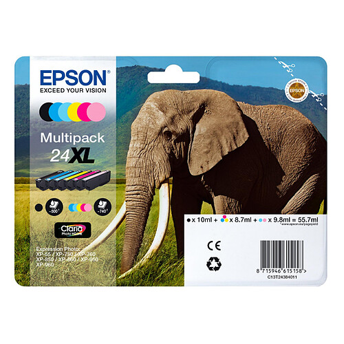 Epson Elephant 24XL Pack de 6 cartouches (Noir/Couleurs)