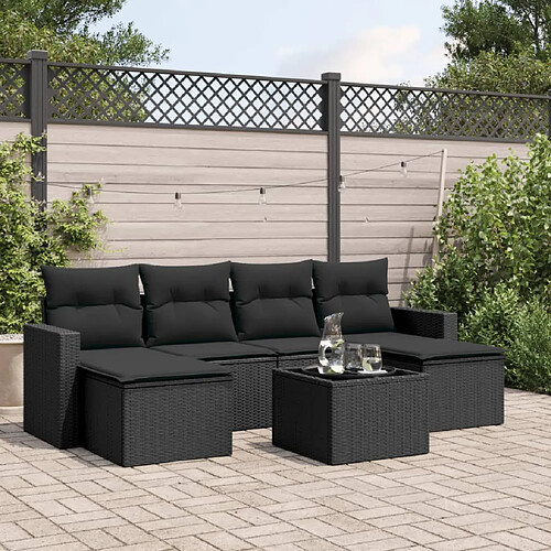 vidaXL Salon de jardin 7 pcs avec coussins noir résine tressée