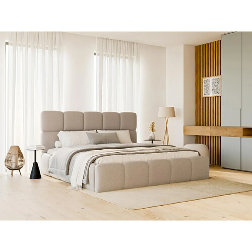 Lit coffre 140 x 190 cm - Tissu chiné - Beige + Matelas - DAMADO de Pascal Morabito