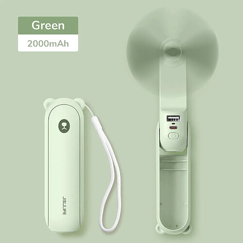 (2000mAh vert F8) JISULIFE Ventilateur Portable Mini Ventilateur de Poche USB 4500mAh Recharge Petit Ventilateur de Poche à Main avec Fonction de lampe de Poche Power Bank