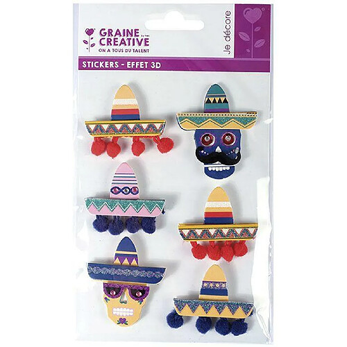 Graines Creatives 6 stickers 3D - Chapeaux mexicains Sombreros 5,5 cm