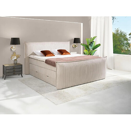 Vente-Unique Ensemble complet boxspring tête de lit + sommiers coffre + matelas + surmatelas - 2 x 80 x 200 cm - Velours côtelé - Ivoire - RHODA de PALACIO