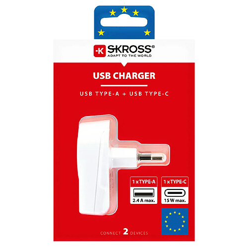 Adaptateur secteur skross europe vers sortie usb et usb-c blanc