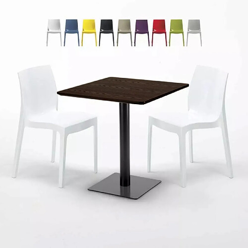 Grand Soleil Table Carrée 70x70 Effet Bois avec 2 Chaises Colorées Ice Melon - Blanc