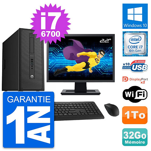 PC Tour HP 800 G2 Ecran 22" Intel i7-6700 RAM 32Go Disque Dur 1To Windows 10 Wifi · Occasion