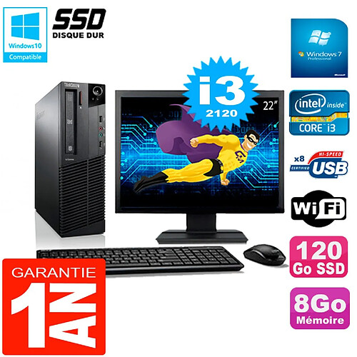 PC Lenovo M92p SFF Ecran 22" Core I3-2120 8Go Disque 120Go SSD Wifi W7 · Occasion