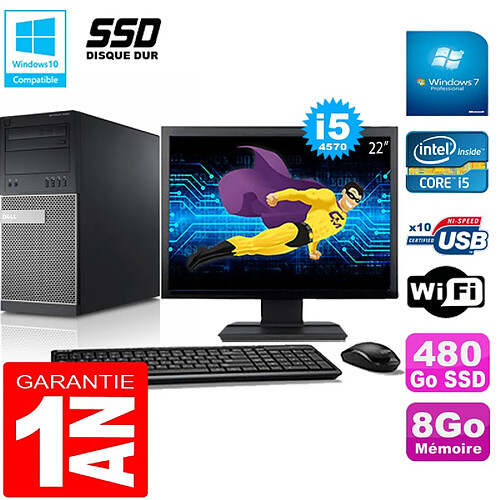 PC Tour DELL 9020 Core I5-4570 Ram 8Go Disque 480 Go SSD Wifi W7 Ecran 22" · Occasion