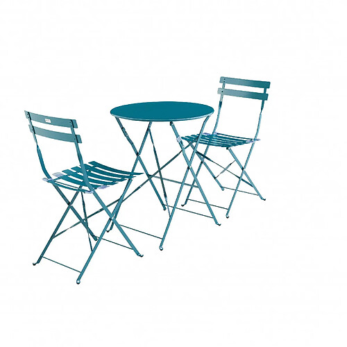 Salon de jardin bistrot pliable Emilia rond bleu canard, table ?60cm avec 2 chaises pliantes, acier thermolaqué | sweeek