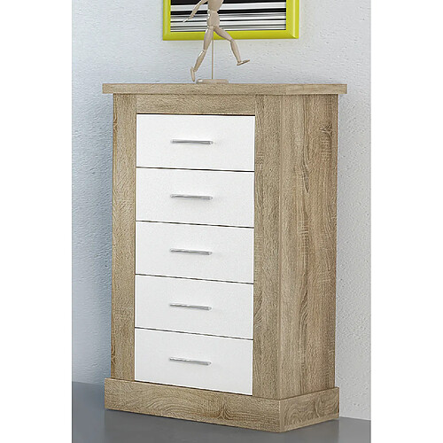 Pegane Chiffonnier avec 5 tiroirs coloris Chêne cambrian, blanc - Longueur 66 x profondeur 39,6 x hauteur 107 cm