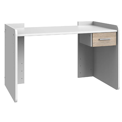 Pegane Bureau réglable en hauteur coloris Blanc, rechampis imitation chêne - longueur 124 x hauteur 77 x profondeur 70 cm