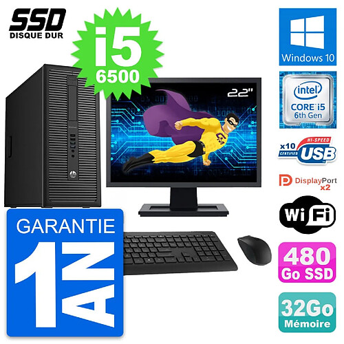 PC Tour HP EliteDesk 800 G2 Ecran 22" i5-6500 RAM 32Go SSD 480Go Windows 10 Wifi · Occasion