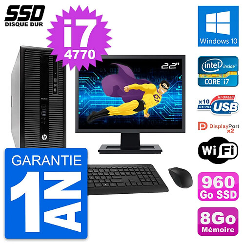 PC Tour HP EliteDesk 800 G1 Ecran 22" i7-4770 RAM 8Go SSD 960Go Windows 10 Wifi · Occasion