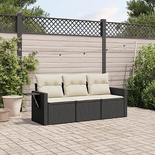 vidaXL Salon de jardin 3 pcs avec coussins noir résine tressée