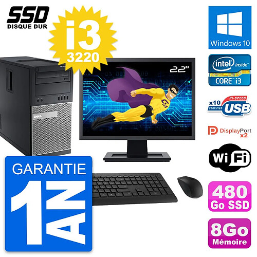 PC Tour Dell OptiPlex 9010 Ecran 22" i3-3220 RAM 8Go SSD 480Go Windows 10 Wifi · Occasion