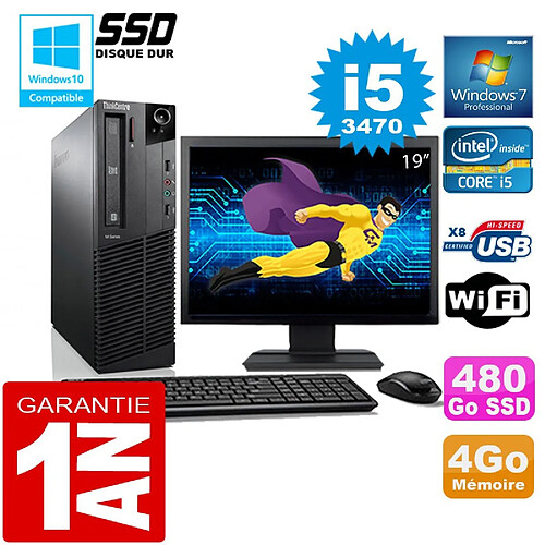 PC Lenovo M92p SFF Core I5-3470 Ram 4Go Disque 480 Go SSD Wifi W7 Ecran 19" · Occasion