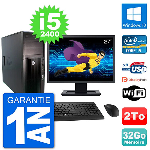 PC Tour HP Z210 Ecran 27" Intel i5-2400 RAM 32Go Disque Dur 2To Windows 10 Wifi · Occasion