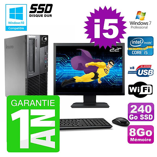 PC Lenovo M91p SFF Intel I5-2400 8Go Disque 240Go SSD Graveur Wifi W7 Ecran 22" · Occasion