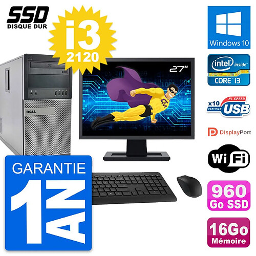 PC Tour Dell 990 Ecran 27" Intel Core i3-2120 RAM 16Go SSD 960Go Windows 10 Wifi · Occasion