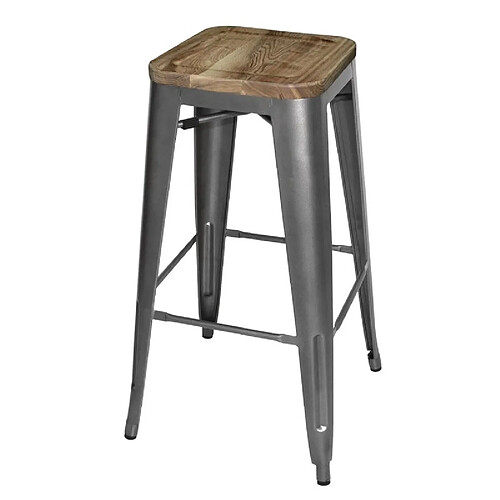 Tabouret Bistro Haut en Acier Gris avec Assise en Bois - Lot de 4 - Bolero