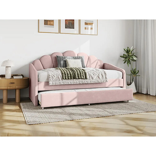 Vente-Unique Lit gigogne coquillage 2 x 90 x 190 cm - Velours - Rose - ELUSIA