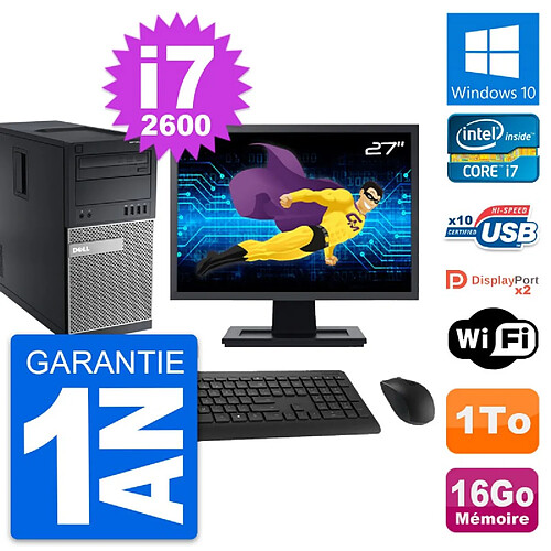 PC Tour Dell 9010 Ecran 27" Intel i7-2600 RAM 16Go Disque 1To Windows 10 Wifi · Occasion