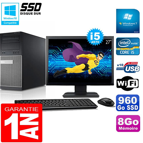 PC Tour DELL 9020 Core I5-4570 Ram 8Go Disque 960 Go SSD Wifi W7 Ecran 27" · Occasion