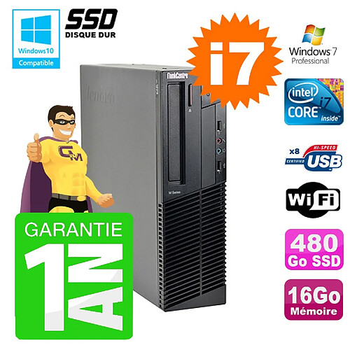 PC Lenovo M91p SFF Intel I7-2600 16Go Disque 480Go SSD Graveur Wifi W7 · Occasion